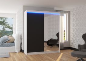 Posuvná skříň se zrcadlem a LED osvětlením VIKI - Bílá / Černá - šířka 180cm