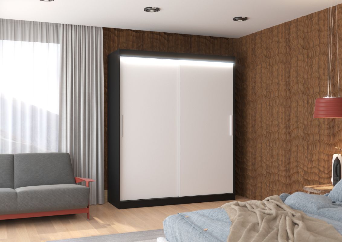 ADRK Posuvná skříň s osvětlením LED LINCOLN - Černá / Bílá - šířka 180cm