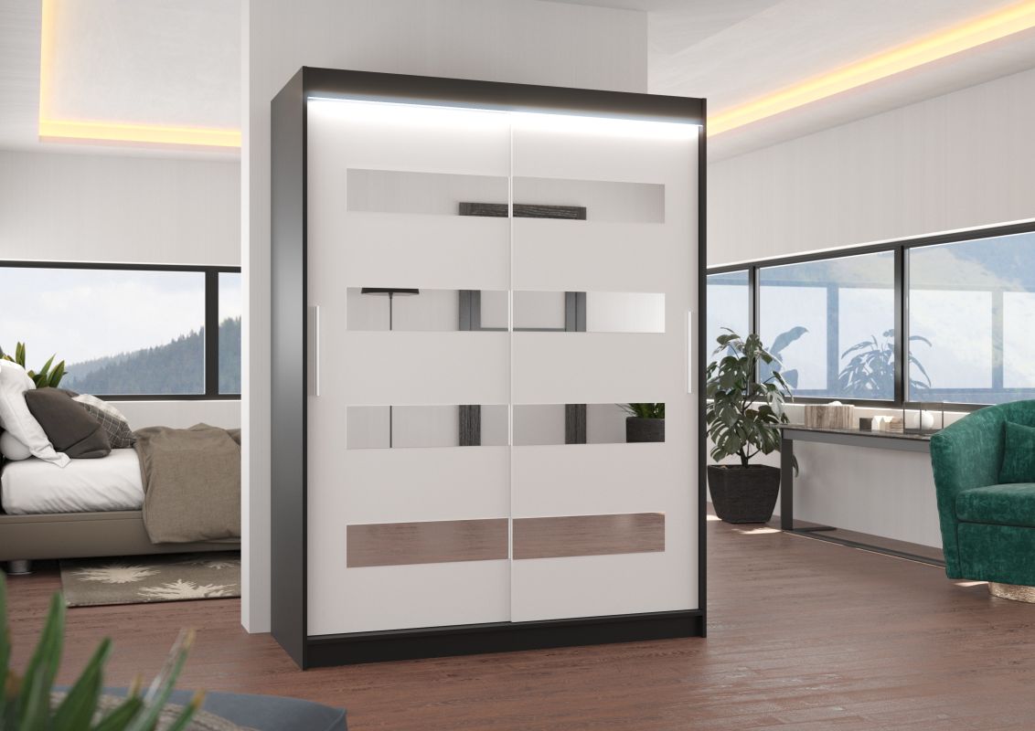 ADRK Posuvná skříň se zrcadlem a LED osvětlením BALTIC - Černá / Bílá - šířka 150cm