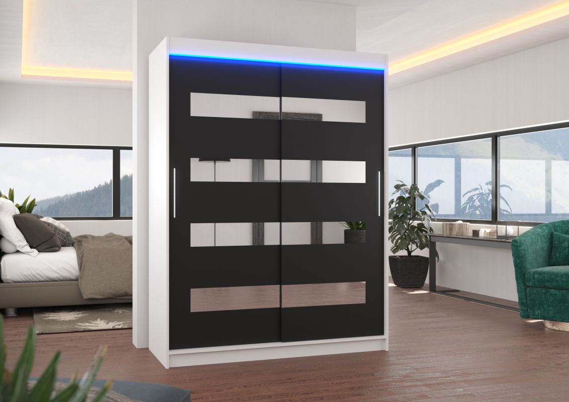 ADRK Posuvná skříň se zrcadlem a LED osvětlením BALTIC - Bílá / Černá - šířka 150cm