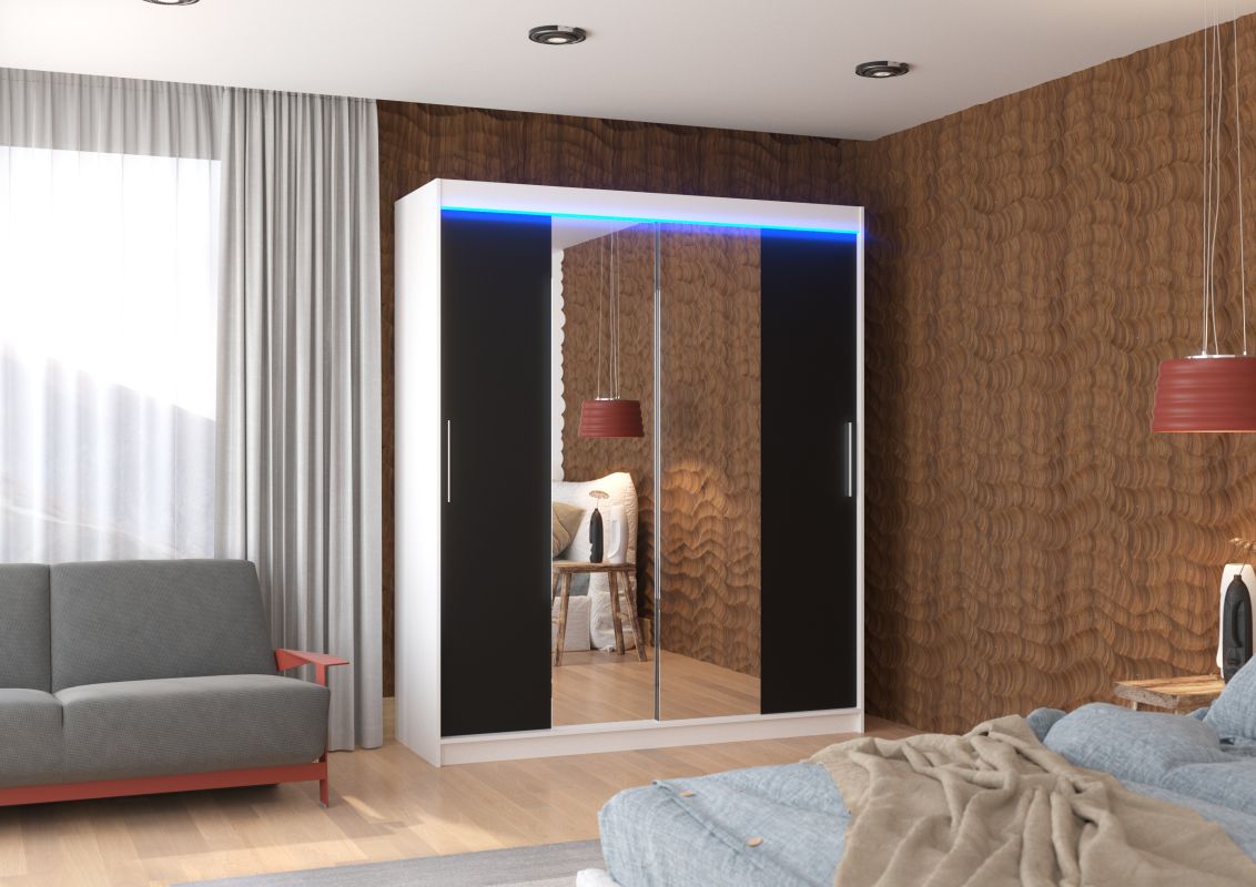 ADRK Posuvná skříň se zrcadlem a LED osvětlením DALLAS - Bílá / Černá - šířka 180cm