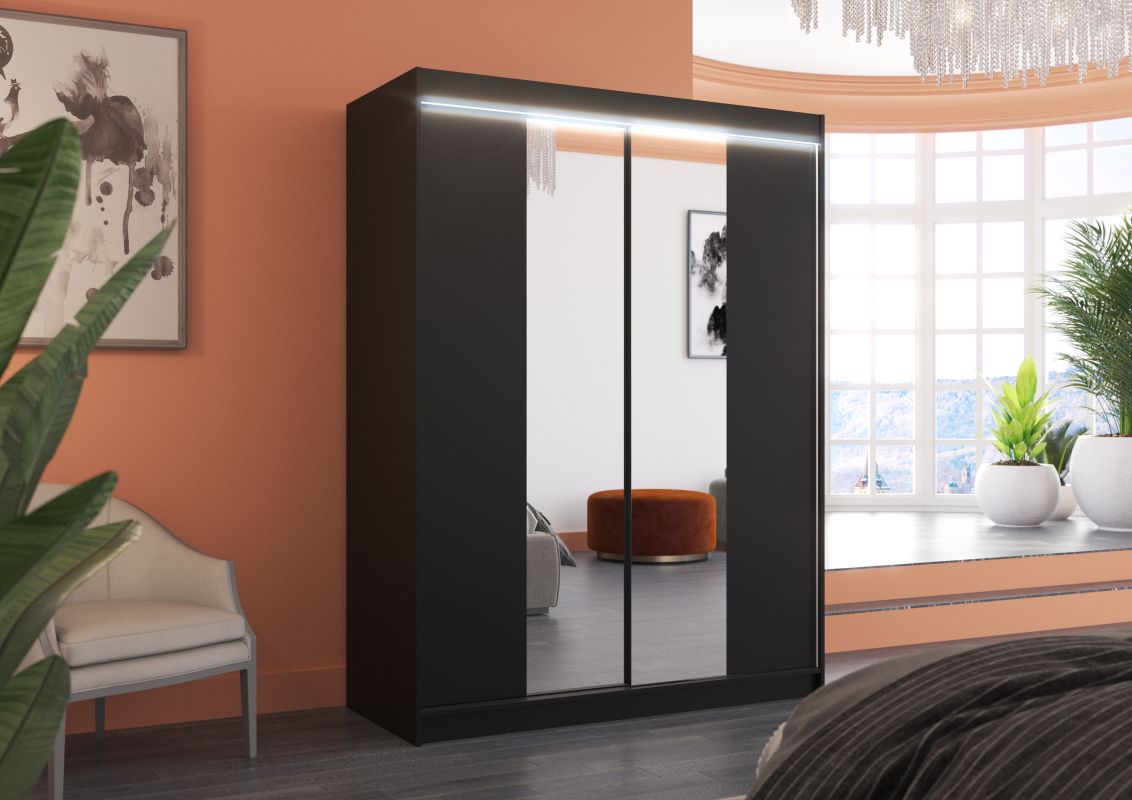 ADRK Posuvná skříň se zrcadlem a osvětlením LED FEVER - Černá - šířka 150cm