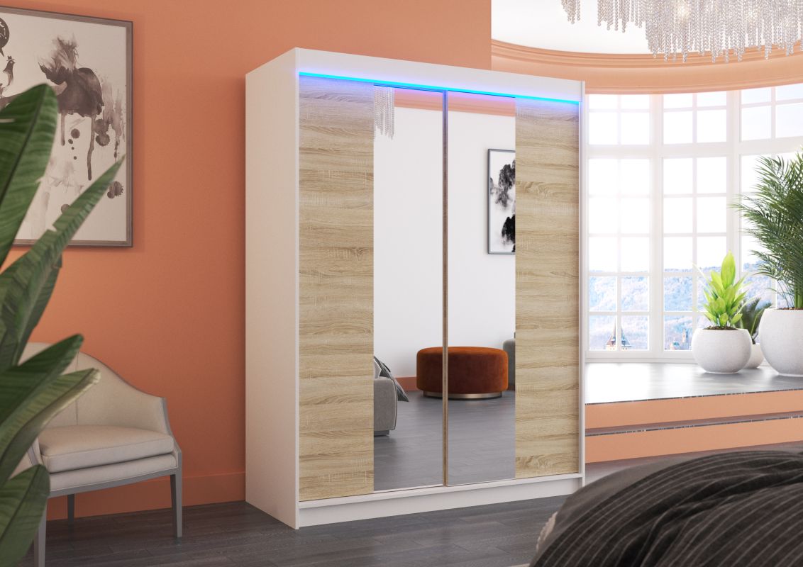 ADRK Posuvná skříň se zrcadlem a osvětlením LED FEVER - Bílá/Dub Sonoma - šířka 150cm