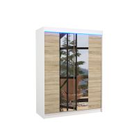 Posuvná skříň se zrcadlem a osvětlením LED FEVER - Bílá/Dub Sonoma - šířka 150cm ADRK