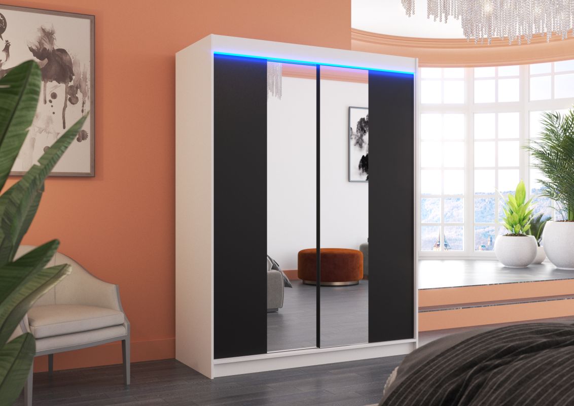 ADRK Posuvná skříň se zrcadlem a osvětlením LED FEVER - Bílá - šířka 150cm
