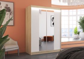 Posuvná skříň se zrcadlem a osvětlením LED FEVER - Dub Sonoma / Bílá - šířka 150cm