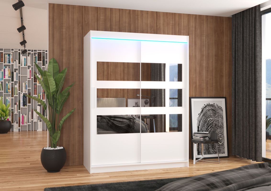 Posuvná skříň se zrcadlem a LED osvětlením FLORENTO - Bílá - šířka 150cm ADRK