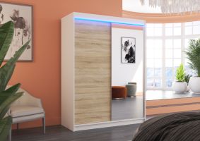 Posuvná skříň se zrcadlem a LED osvětlením JORDI - Bílá / Sonoma - šířka 150cm