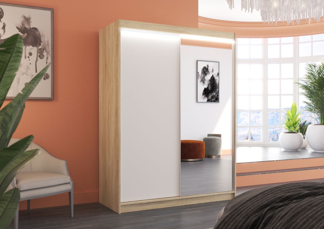 ADRK Posuvná skříň se zrcadlem a LED osvětlením JORDI - Sonoma / Bílá - šířka 150cm