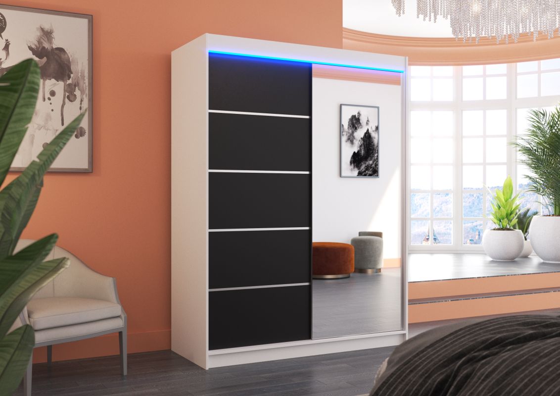 ADRK Posuvná skříň se zrcadlem a LED osvětlením LIMBO - Bílá / Černá - šířka 150cm