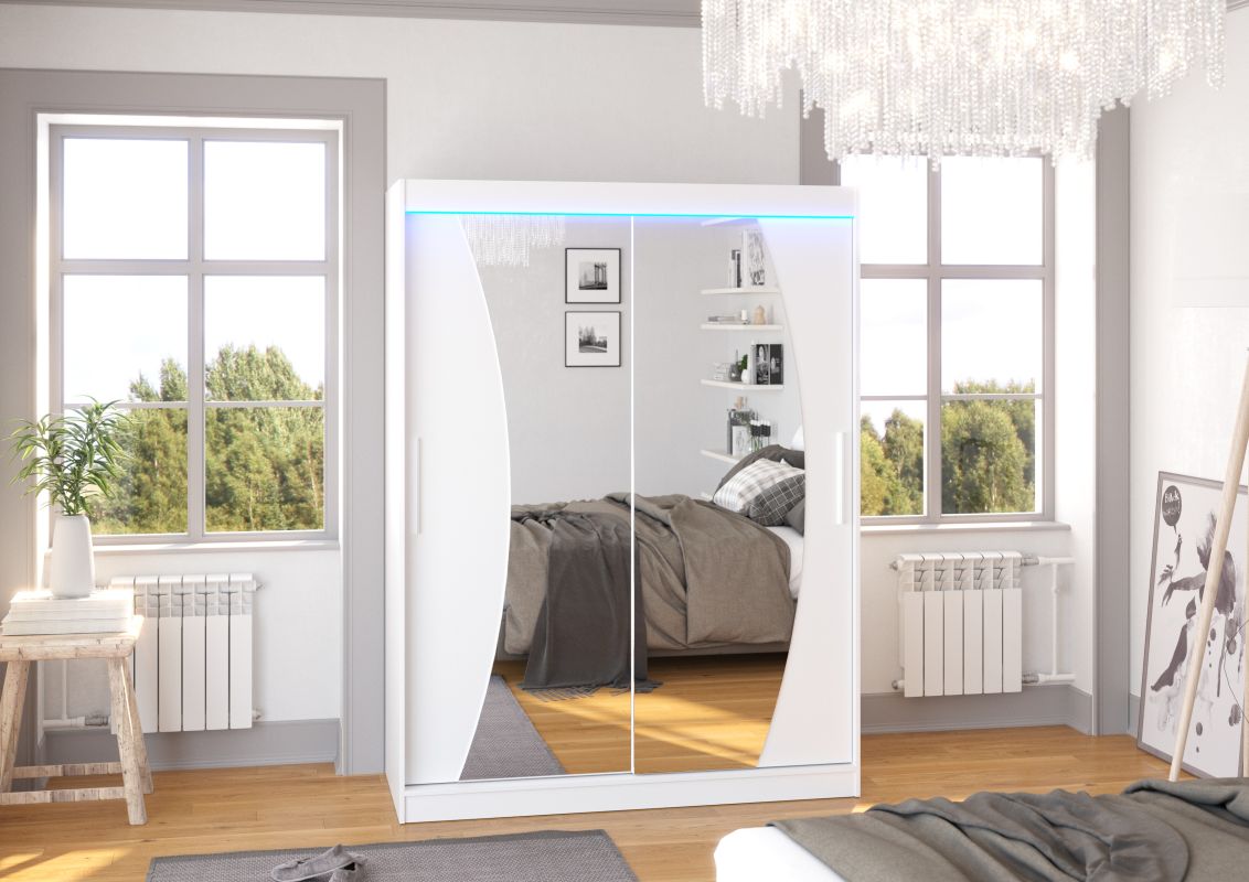 ADRK Posuvná skříň se zrcadlem a LED osvětlením MODESTO - Bílá - šířka 150cm