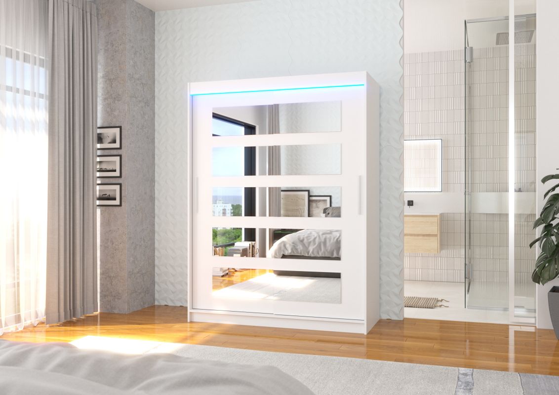 ADRK Posuvná skříň se zrcadlem a LED osvětlením MURANI - Bílá - šířka 150cm