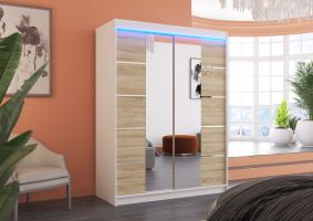 Posuvná skříň se zrcadlem a LED osvětlením NORDIC - Bílá / Sonoma - šířka 150cm