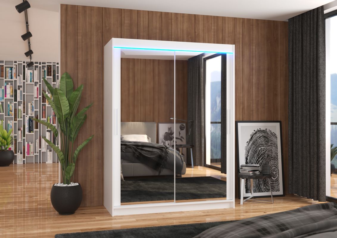ADRK Posuvná skříň se zrcadlem a LED osvětlením PERMO - Bílá - šířka 150cm