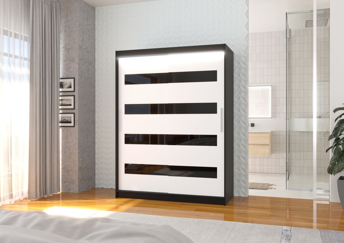 ADRK Posuvná skříň s lacobely a LED osvětlením MARTINEZ - Černá / Bílá / Černý lesk - šířka 150cm