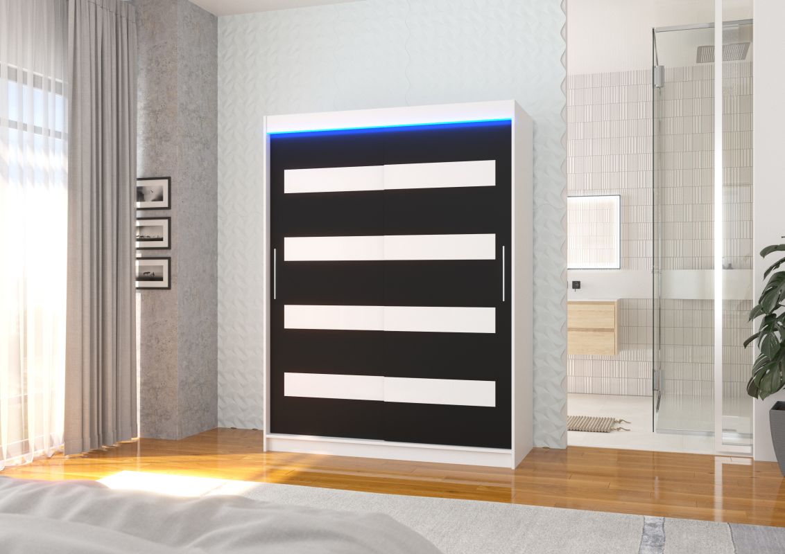 ADRK Posuvná skříň s lacobely a LED osvětlením MARTINEZ - Bílá / Černá / Bílý lesk - šířka 150cm