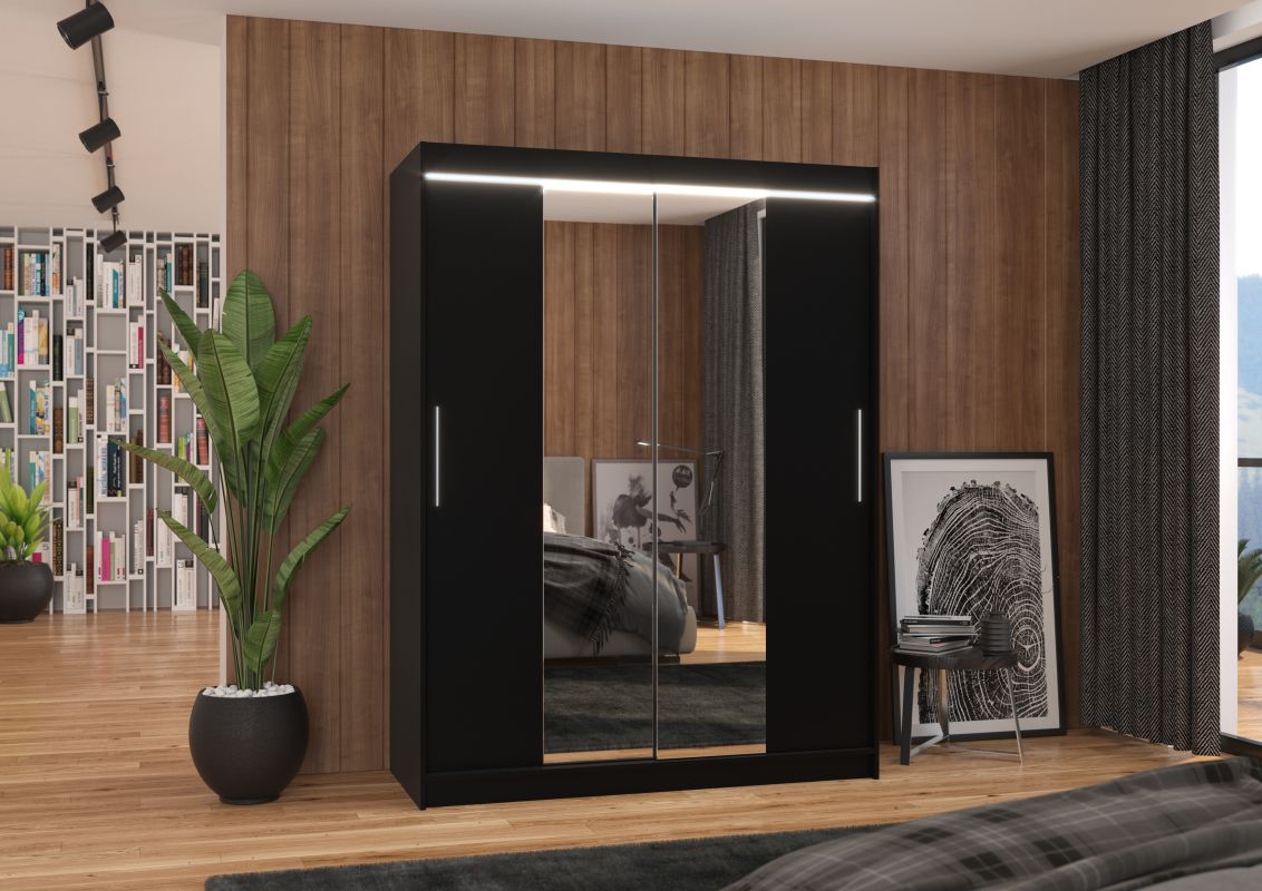 ADRK Posuvná skříň se zrcadlem a LED osvětlením INESS - Černá - šířka 150cm