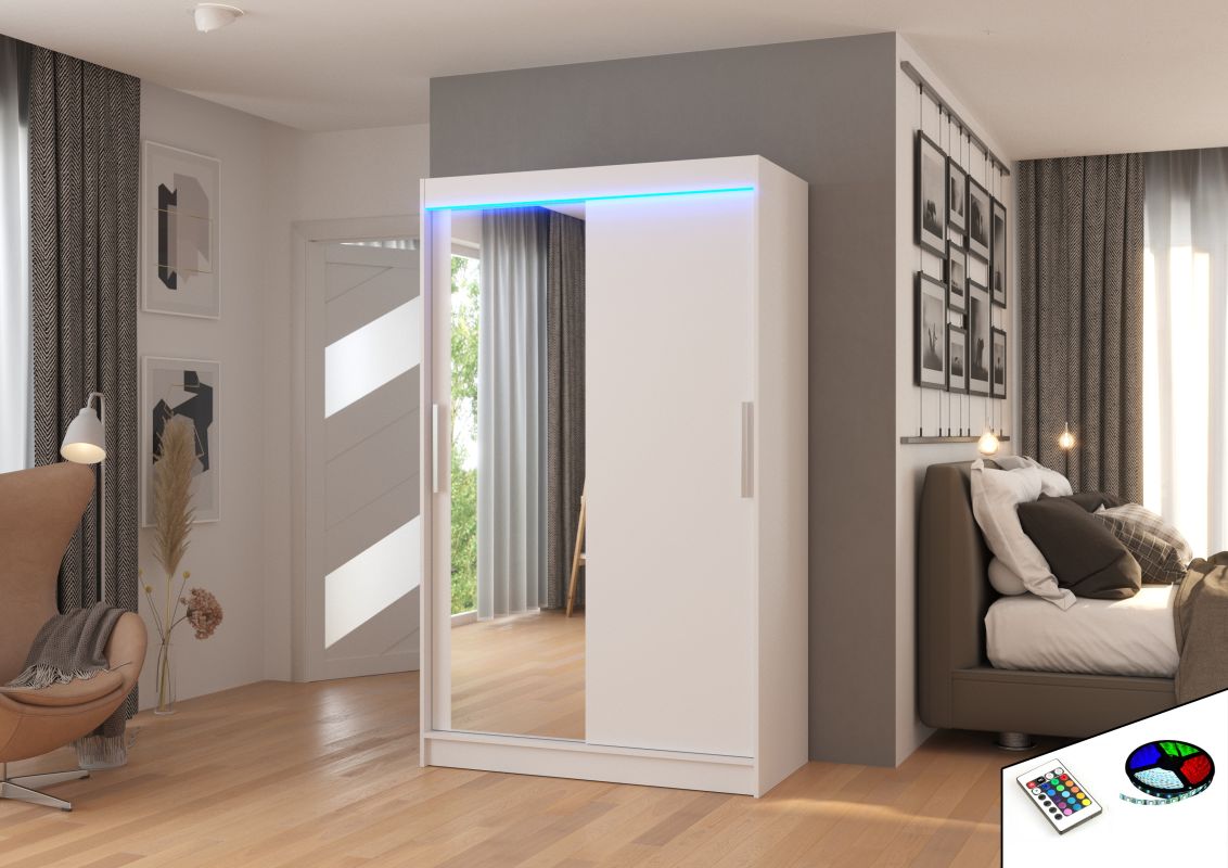 ADRK Posuvná skříň se zrcadlem a LED osvětlením BARIO - Bílá - šířka 120cm