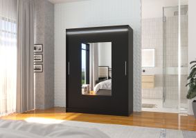 Posuvná skříň se zrcadlem a LED osvětlením DORRIGO - Černá - šířka 150cm