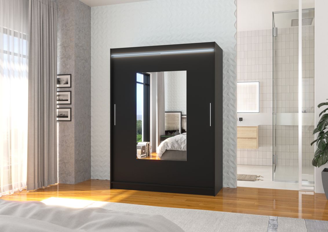 Posuvná skříň se zrcadlem a LED osvětlením DORRIGO - Černá - šířka 150cm ADRK