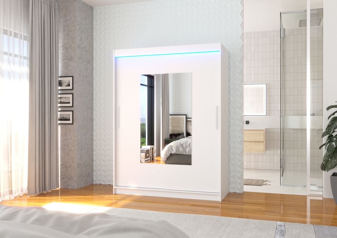 ADRK Posuvná skříň se zrcadlem a LED osvětlením DORRIGO - Bílá - šířka 150cm