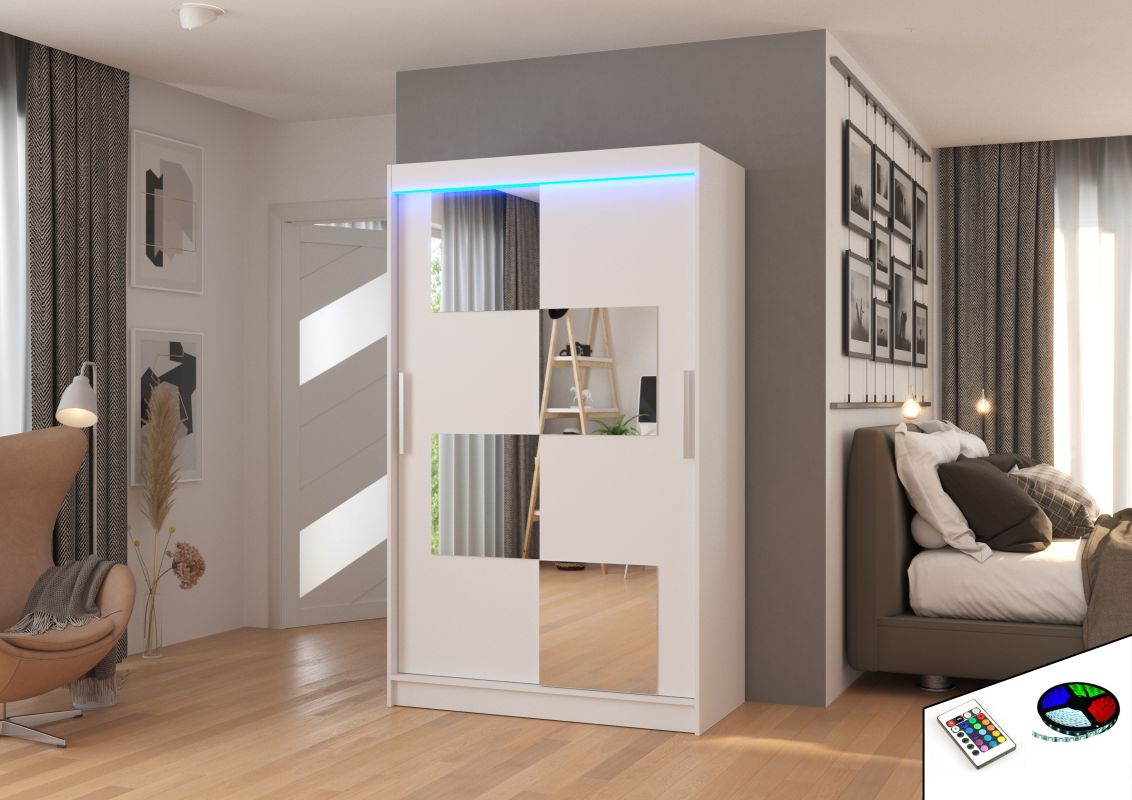 ADRK Posuvná skříň se zrcadlem a LED osvětlením LUGANO - Bílá - šířka 120cm