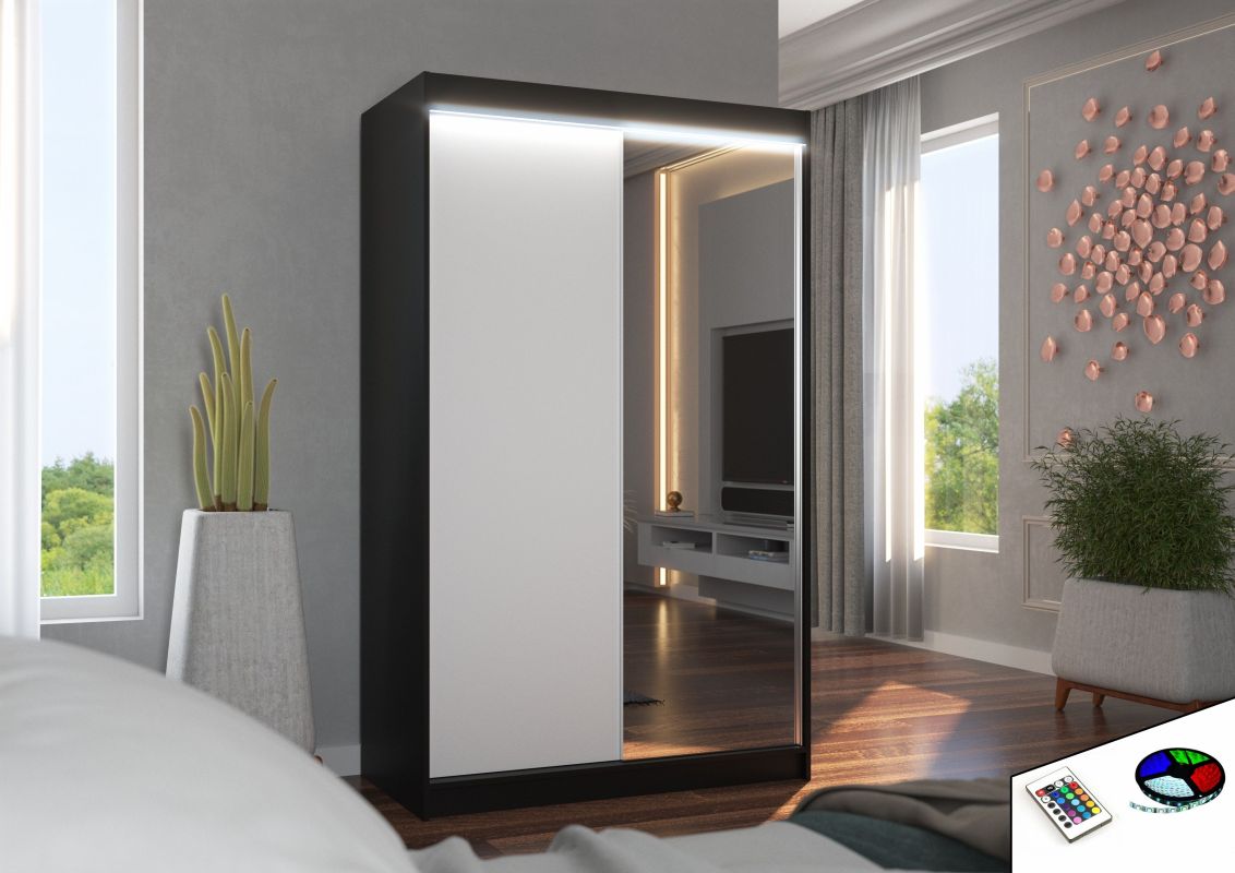 ADRK Posuvná skříň se zrcadlem a osvětlením LED REWENA - Černá / Bílá - šířka 120cm