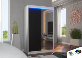 Posuvná skříň se zrcadlem a osvětlením LED REWENA - Bílá / Černá - šířka 120cm