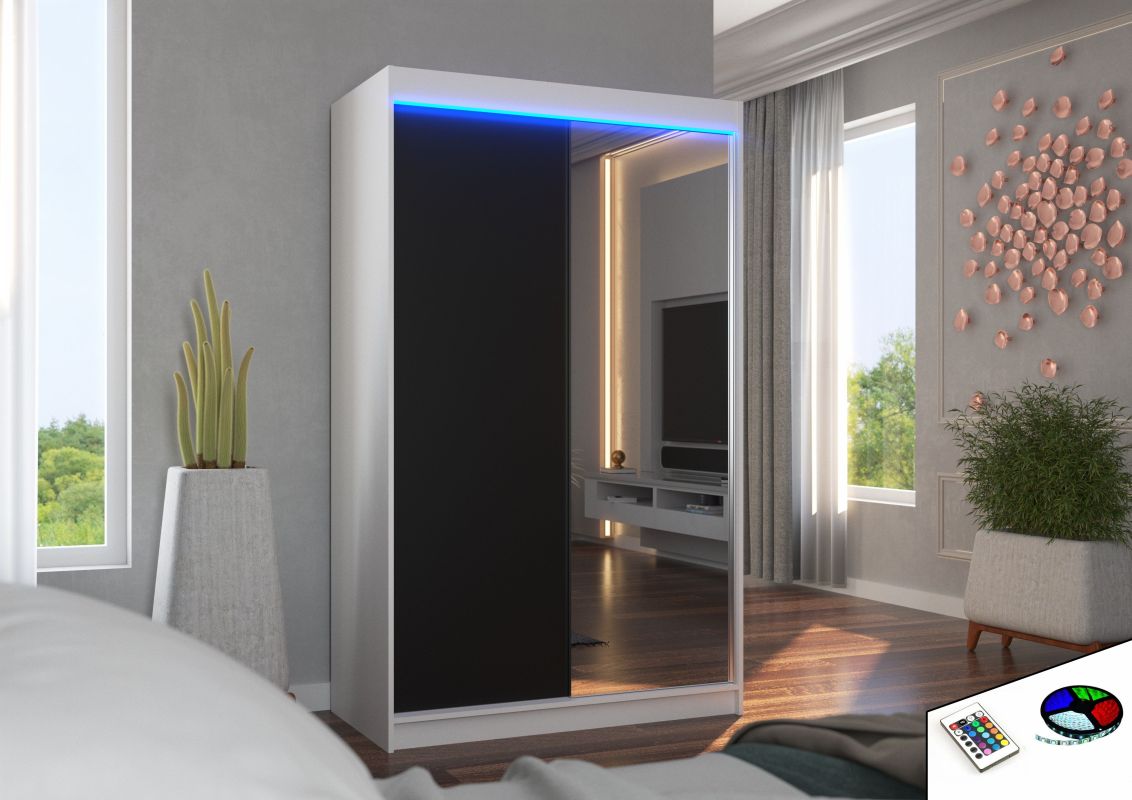 Posuvná skříň se zrcadlem a osvětlením LED REWENA - Bílá / Černá - šířka 120cm ADRK
