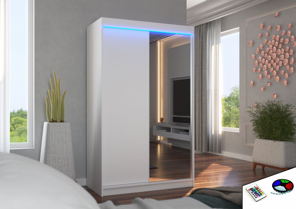 ADRK Posuvná skříň se zrcadlem a osvětlením LED REWENA - Bílá - šířka 120cm