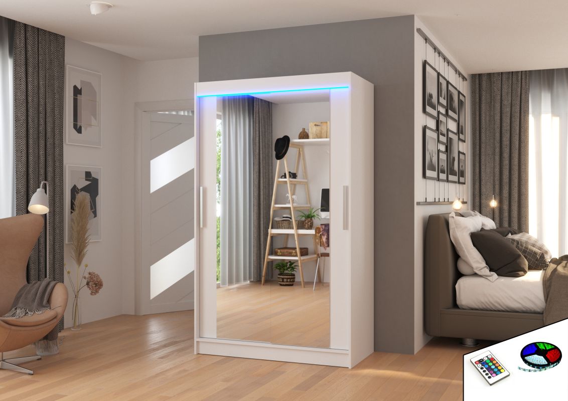 ADRK Posuvná skříň se zrcadlem a LED osvětlením TIBAGO - Bílá - šířka 120cm