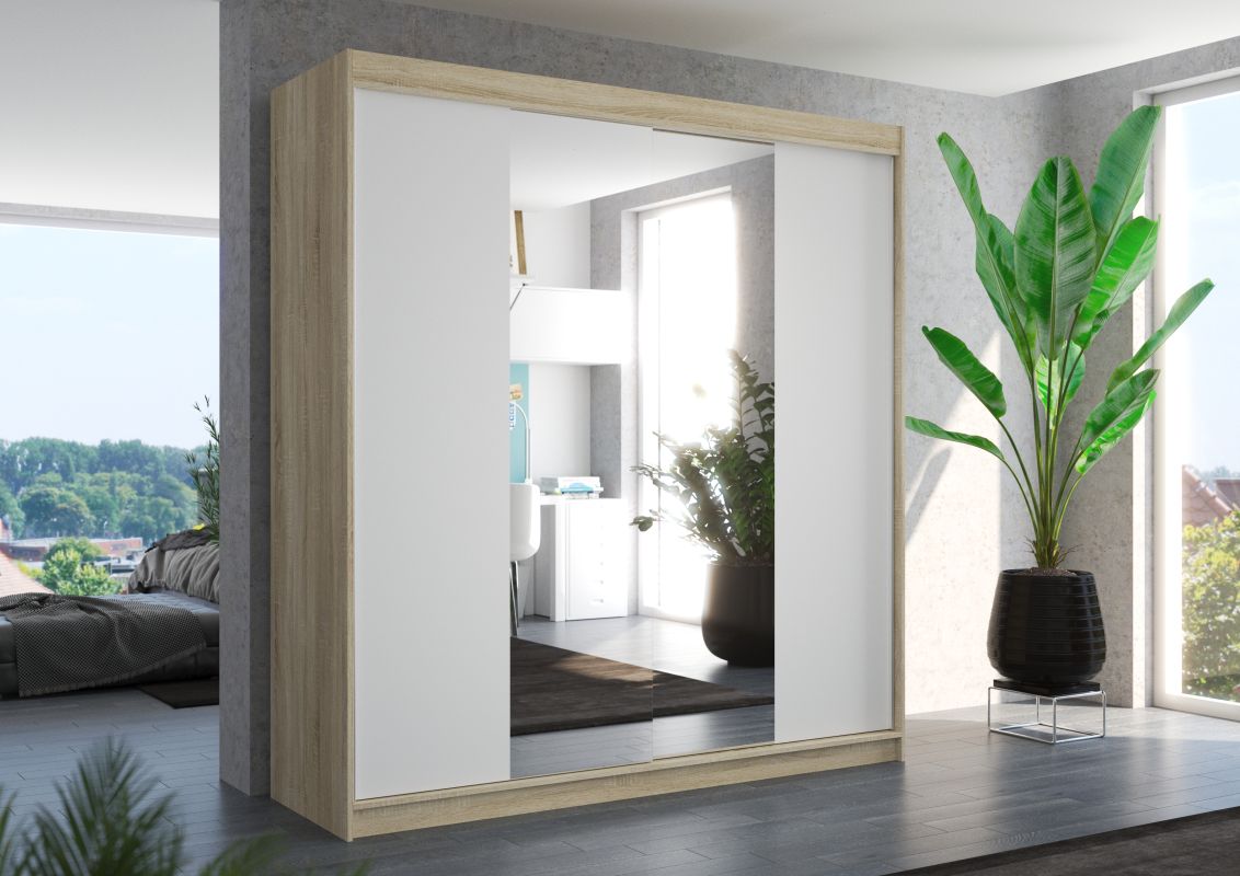 ADRK Posuvná skříň se zrcadlem PERQS - Sonoma / Bílá - šířka 200cm