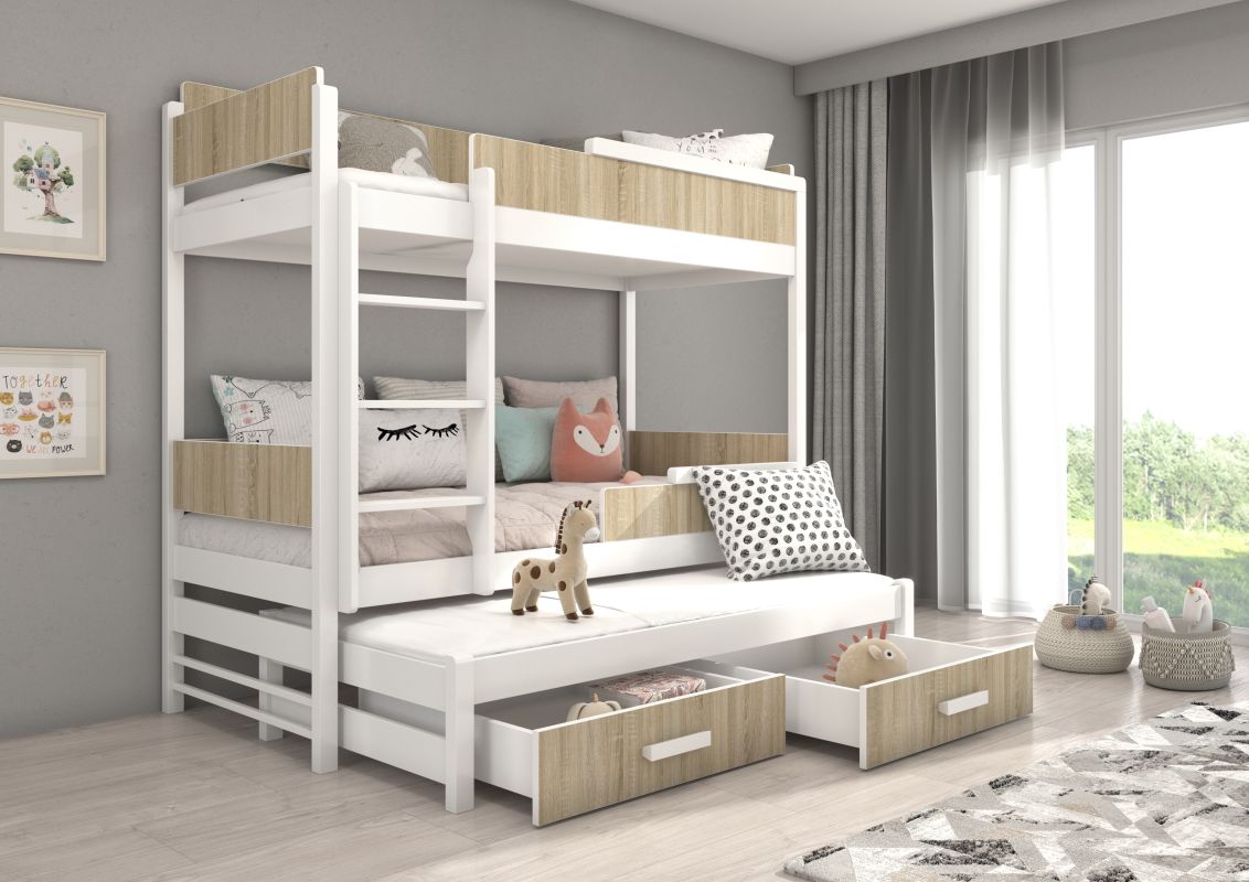 ADRK Patrová postel s matracemi QUEEN - Bílá / Sonoma - 90x200cm