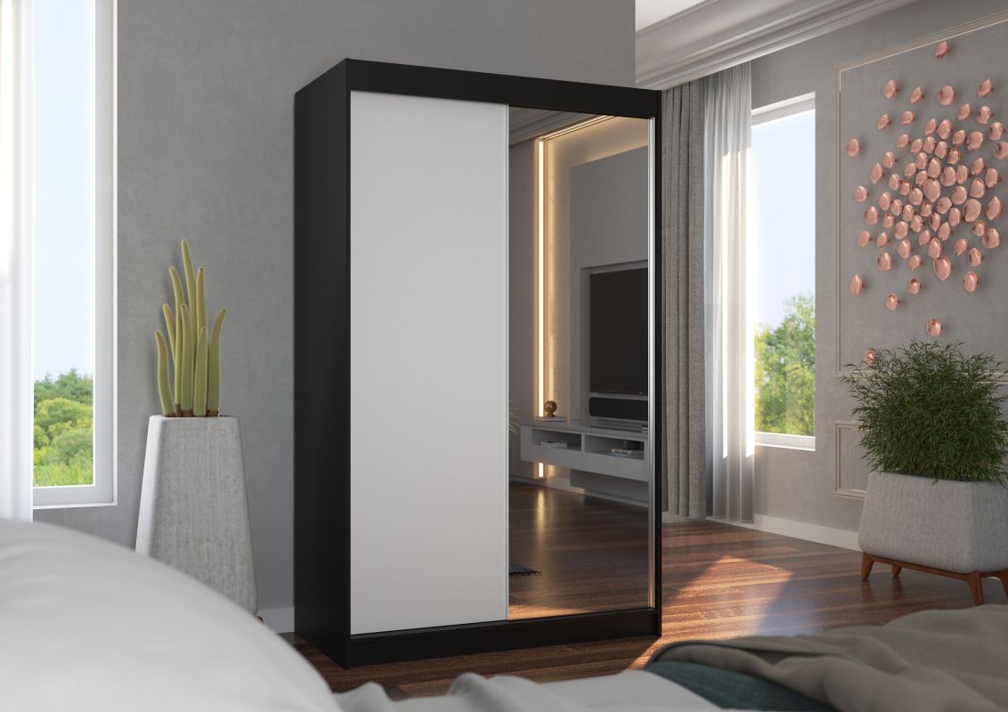 ADRK Posuvná skříň se zrcadlem REWENA - Černá / Bílá - šířka 120cm