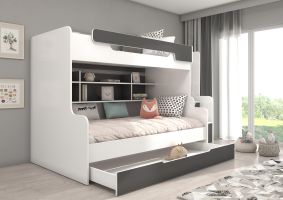 Patrová postel se schody a matracemi HARELL - Bílá / Grafit - 200x90/120cm