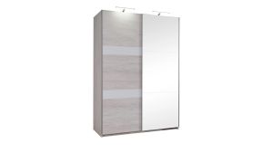 Posuvná šatní skříň DENVER - Dub Bílý / Bílý lesk - 150cm - Se zrcadlem GIBMEBLE