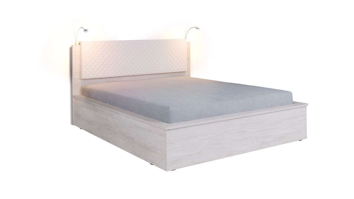 GIBMEBLE Čalouněná postel DENVER - Dub Bílý / Grafit šití - 160x200cm Osvětlení - 2x lampička