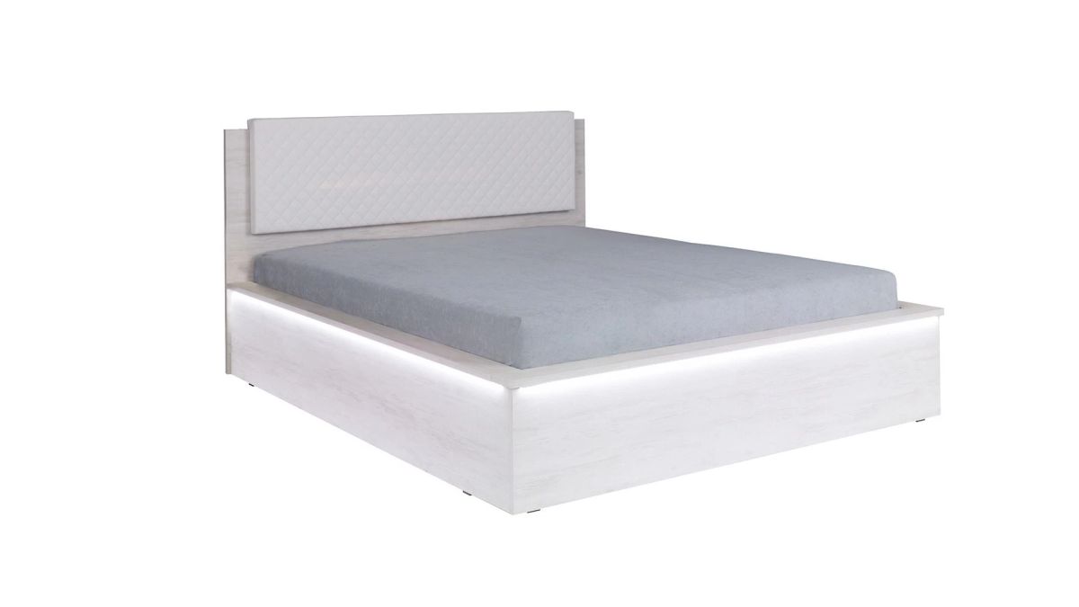 GIBMEBLE Čalouněná postel DENVER - Dub Bílý / Bílé šití - 160x200cm LED osvětlení
