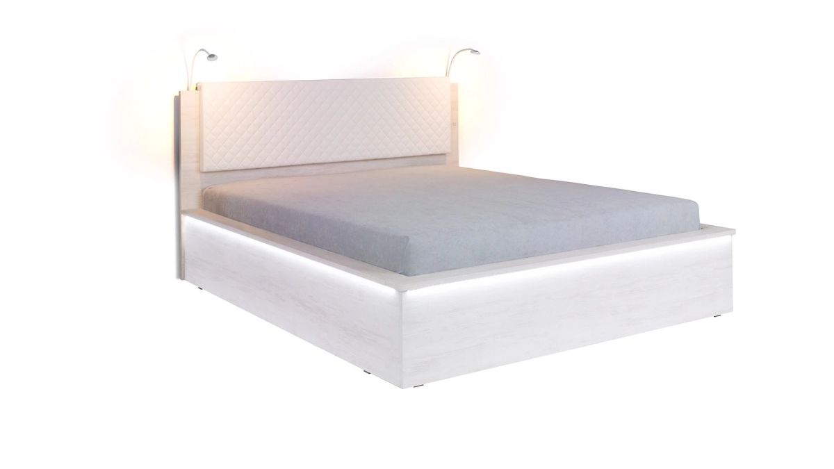 GIBMEBLE Čalouněná postel DENVER - Dub Bílý / Bílé šití - 160x200cm LED osvětlení + 2x lampička