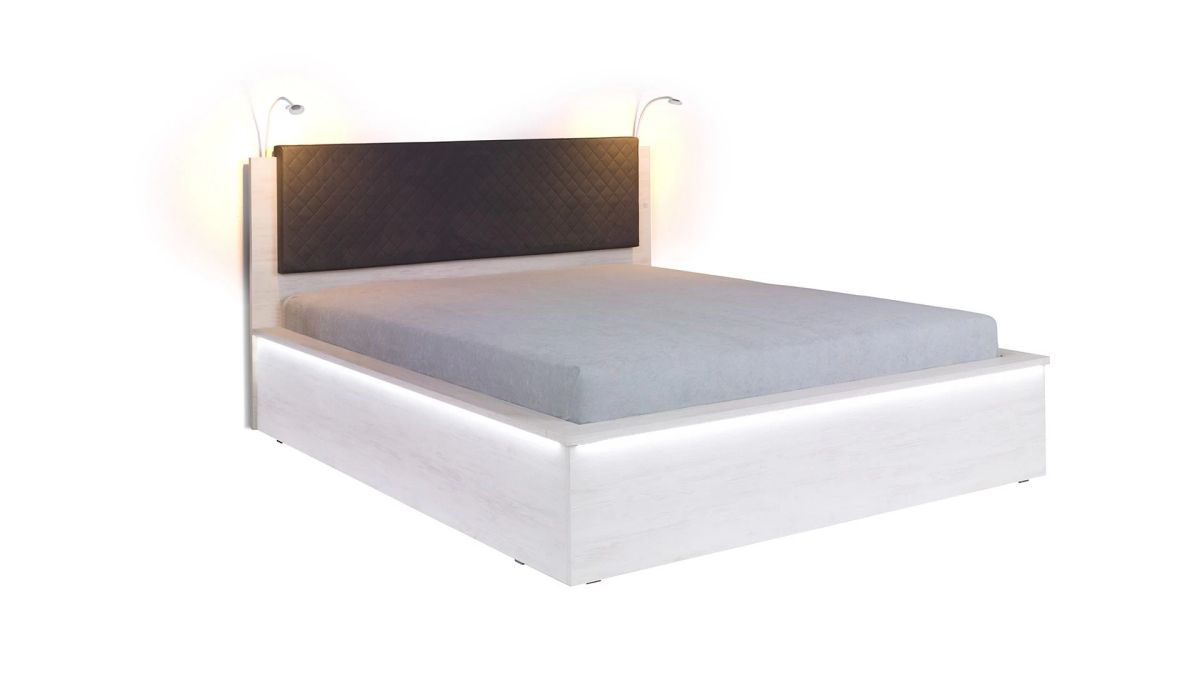 GIBMEBLE Čalouněná postel DENVER - Dub Bílý / Grafit šití - 160x200cm LED osvětlení + 2x lampička