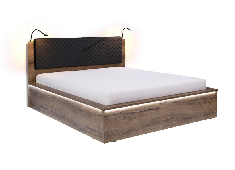 GIBMEBLE Čalouněná postel DENVER - Dub Monester / Grafit šití - 160x200cm LED osvětlení + 2x lampička