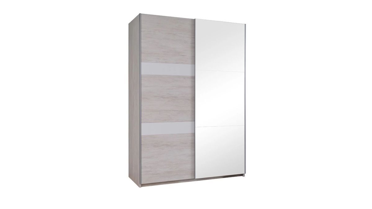 GIBMEBLE Posuvná šatní skříň DENVER - Dub Bílý / Bílý lesk - 150cm Se zrcadlem