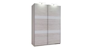 Posuvná šatní skříň DENVER - Dub Bílý / Bílý lesk - 150cm - S osvětlením + zrcadlo GIBMEBLE