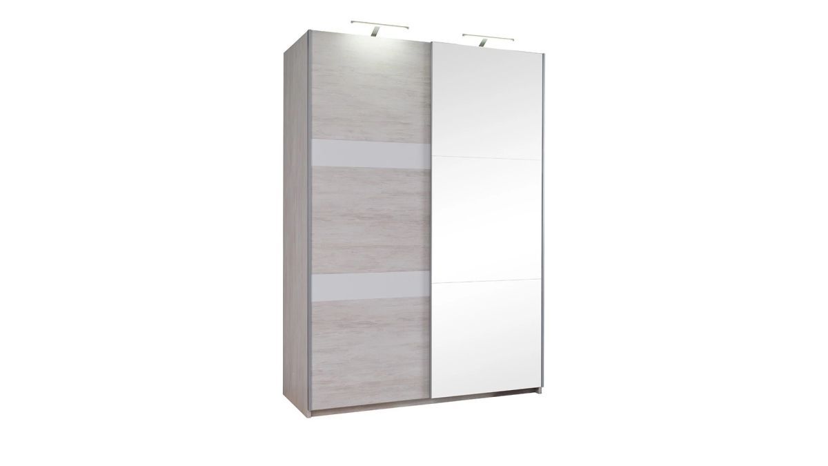 GIBMEBLE Posuvná šatní skříň DENVER - Dub Bílý / Bílý lesk - 150cm S osvětlením + zrcadlo