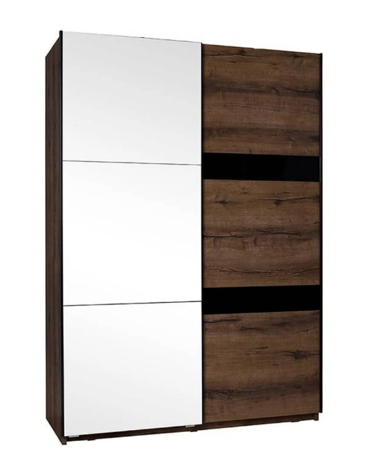 GIBMEBLE Posuvná šatní skříň DENVER - Dub Monaster / Černý lesk - 150cm Se zrcadlem