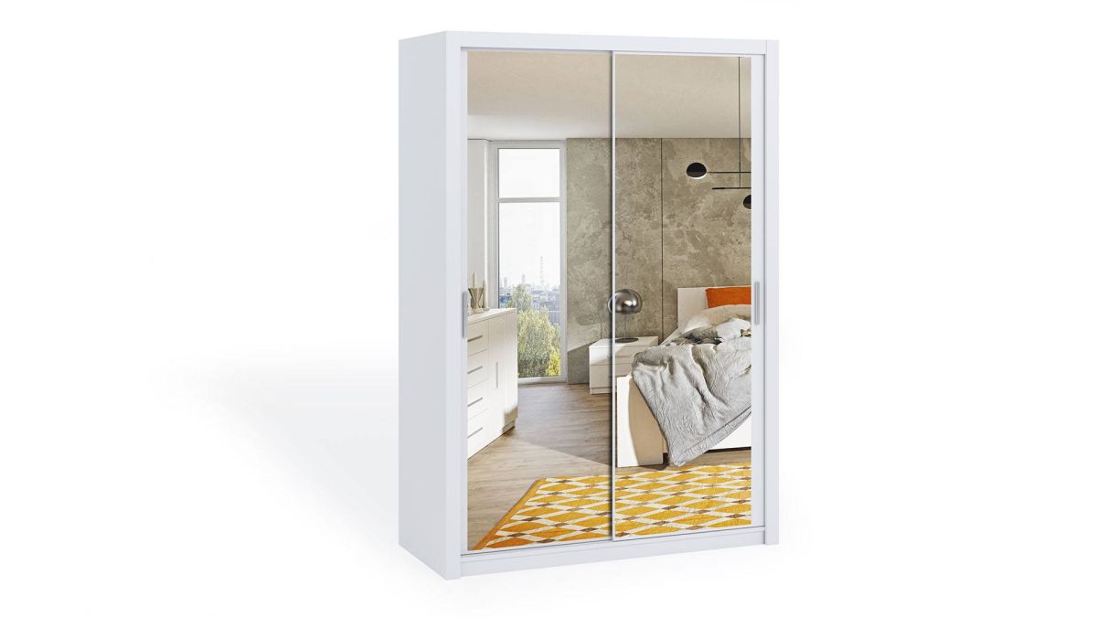 Posuvná šatní skříň BONO - Bílá - 150cm - Se zrcadlem GIBMEBLE