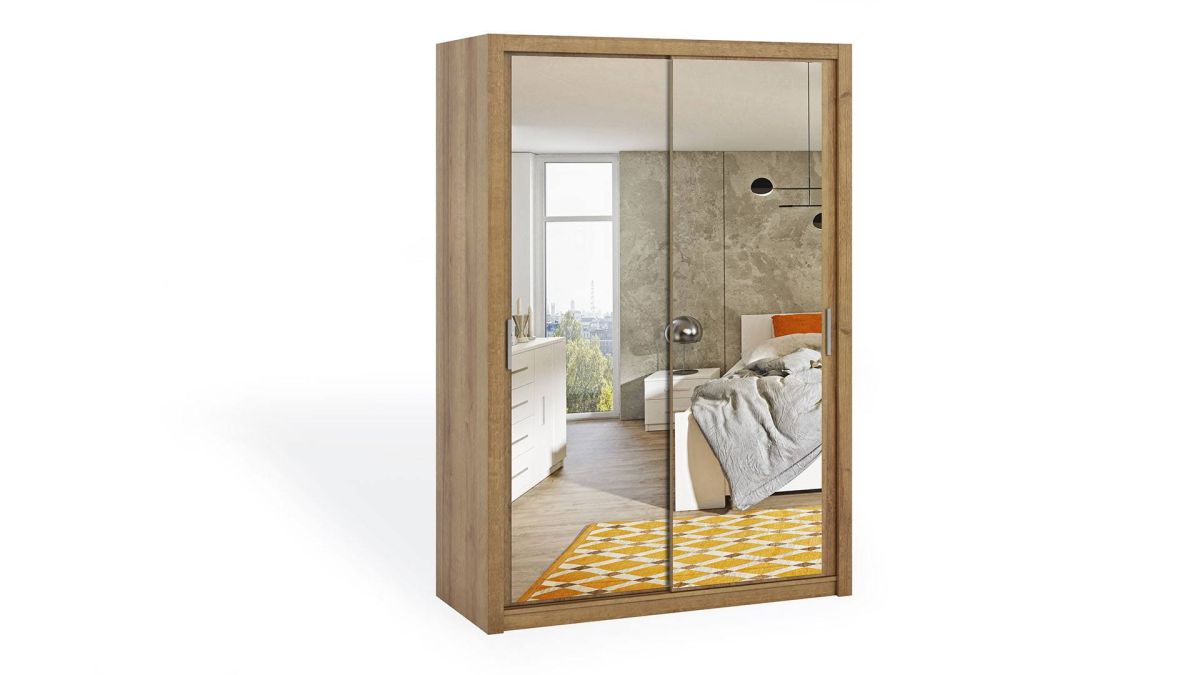 Posuvná šatní skříň BONO - Dub Zlatý - 150cm - Se zrcadlem GIBMEBLE